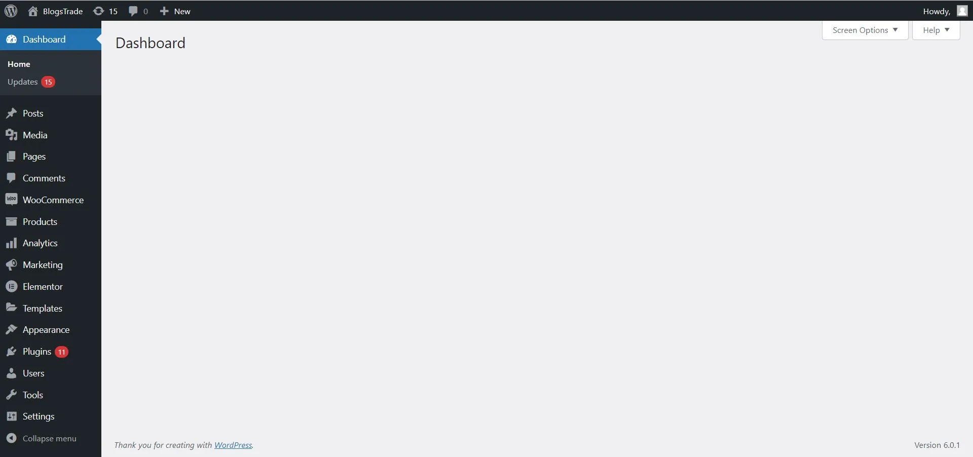 WordPress dashboard